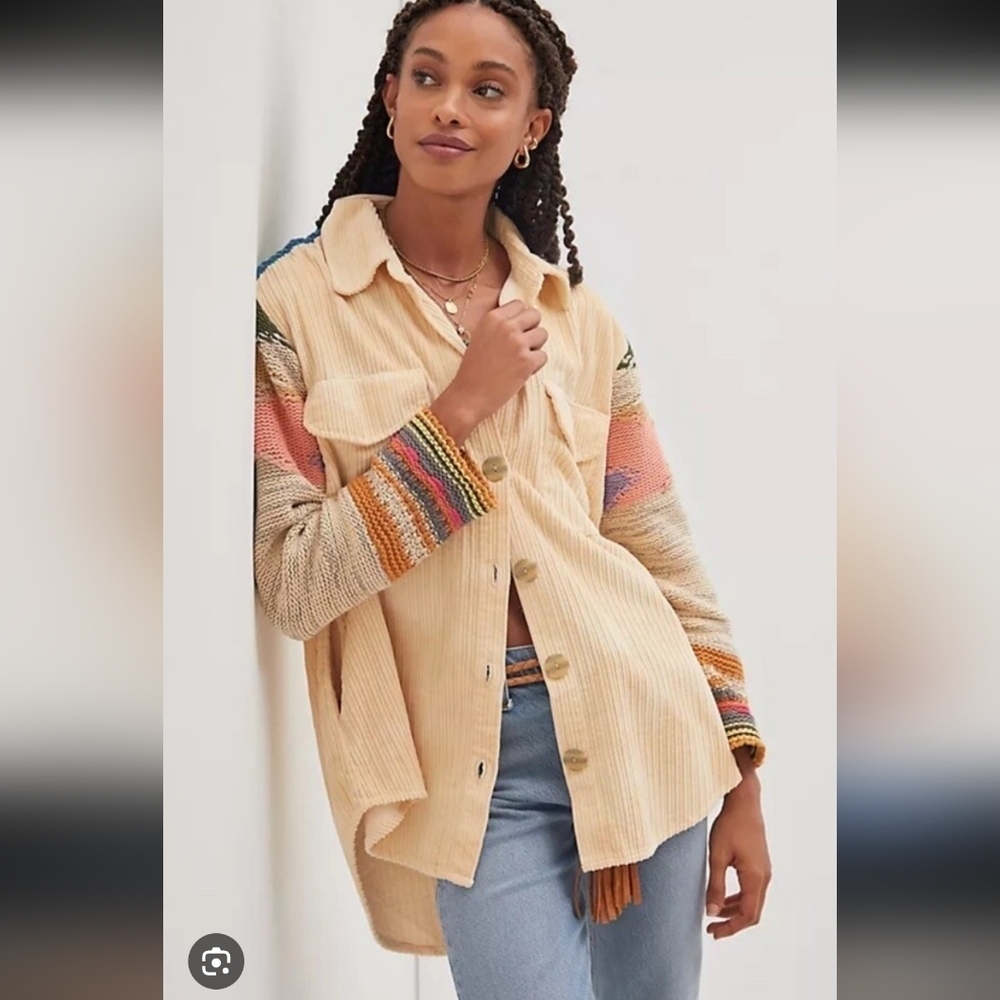 Pilcro Beige Corduroy Jacket with Multicolor Crochet Style Sleeves__Med